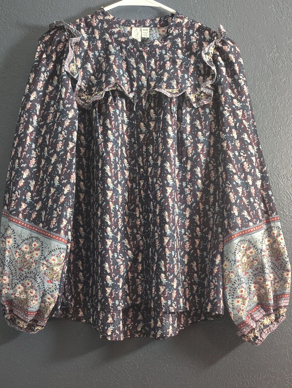 Joie Navy Abstract Floral Ruffle Peasant Boho Yoke Blouse Size Medium